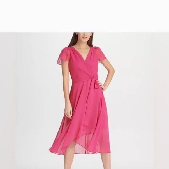 DKNY faux wrap, hi low, belted midi dress in lipstick pink size 6P NWT - Picture 1 of 5